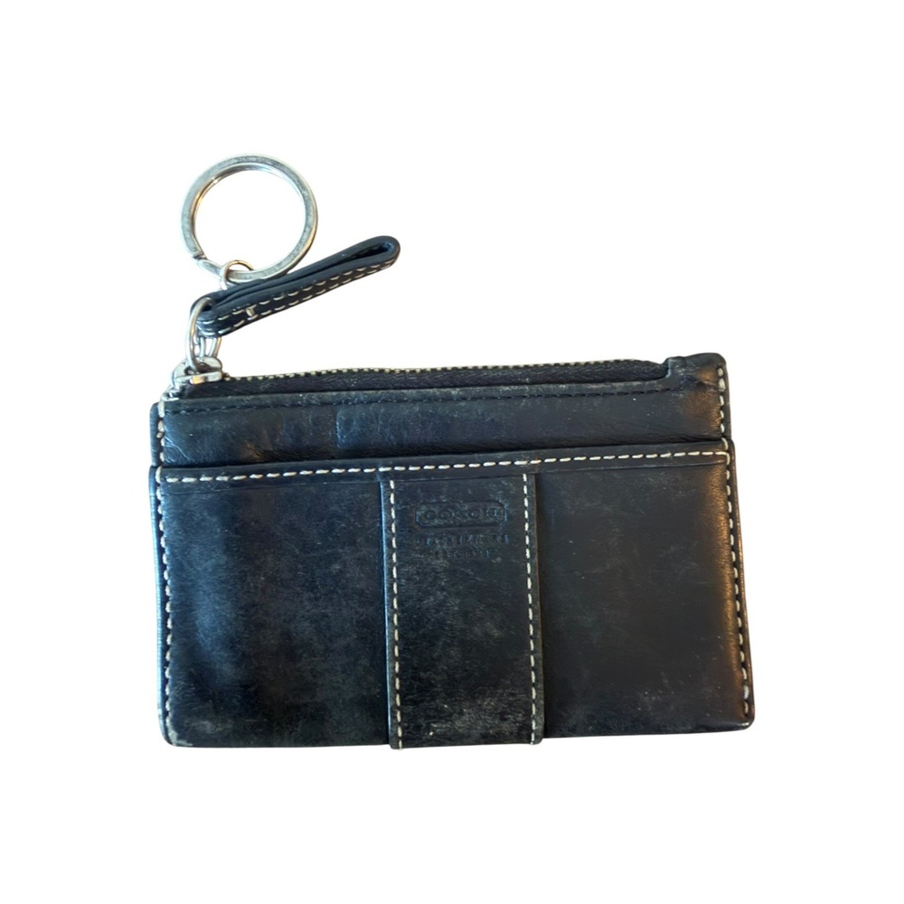 Coach Black Leather Zip Card Case With White Contrast Stitching